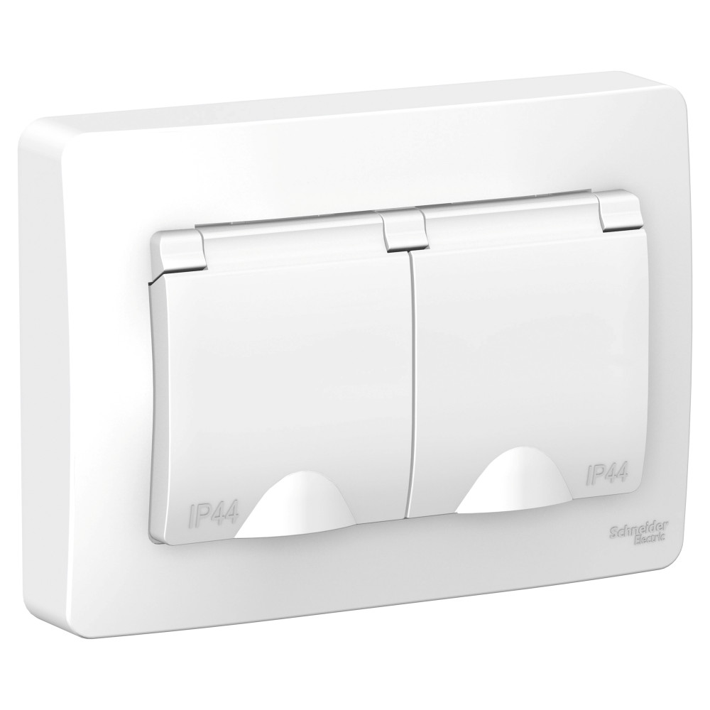 BLANCA С/У IP44 РОЗЕТКА двойная с заземлением со шторками, с крышками, 16А, 250В, БЕЛЫЙ