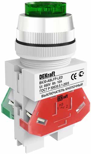 Выкл. кноп. ABLFP D30 мм ЗЕЛЕНЫЙ LED 220В ВK-30