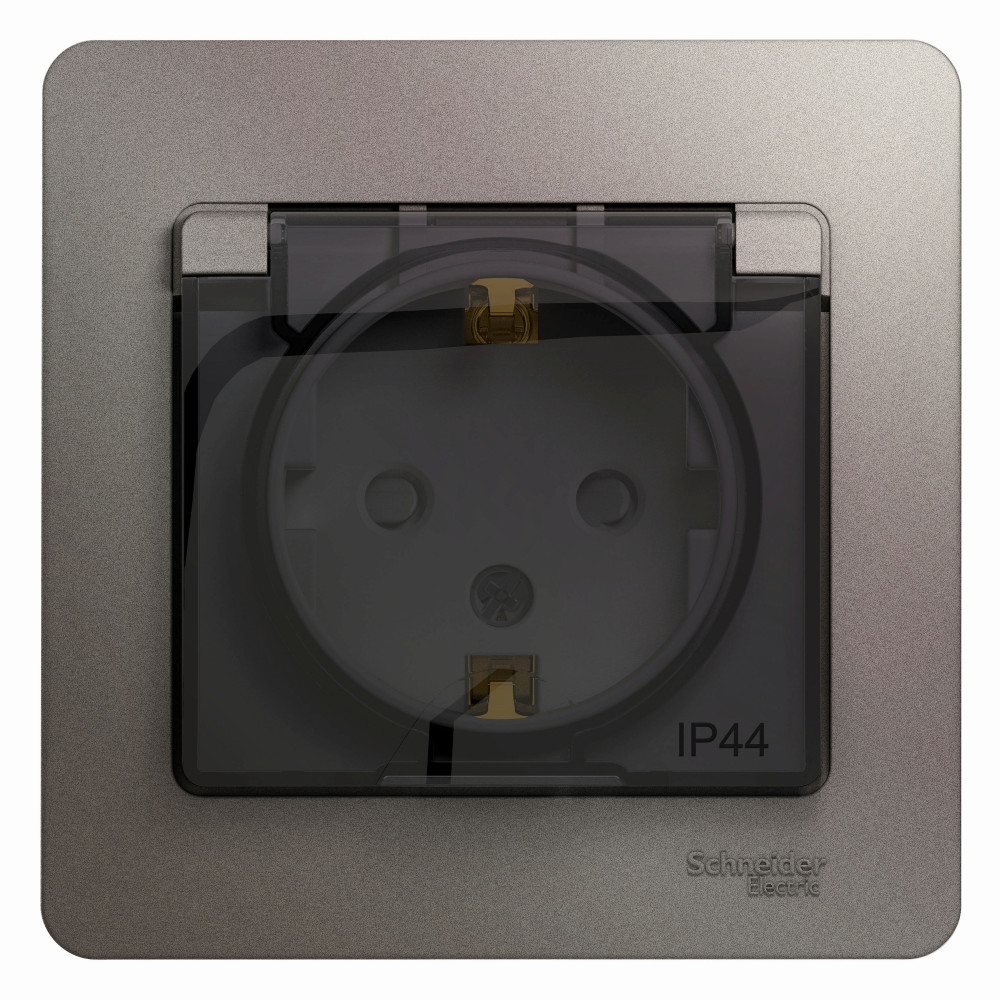 GLOSSA РОЗЕТКА с заземлением со шторками с прозрачной крышкой, 16А, IP44, в сборе, ПЛАТИНА