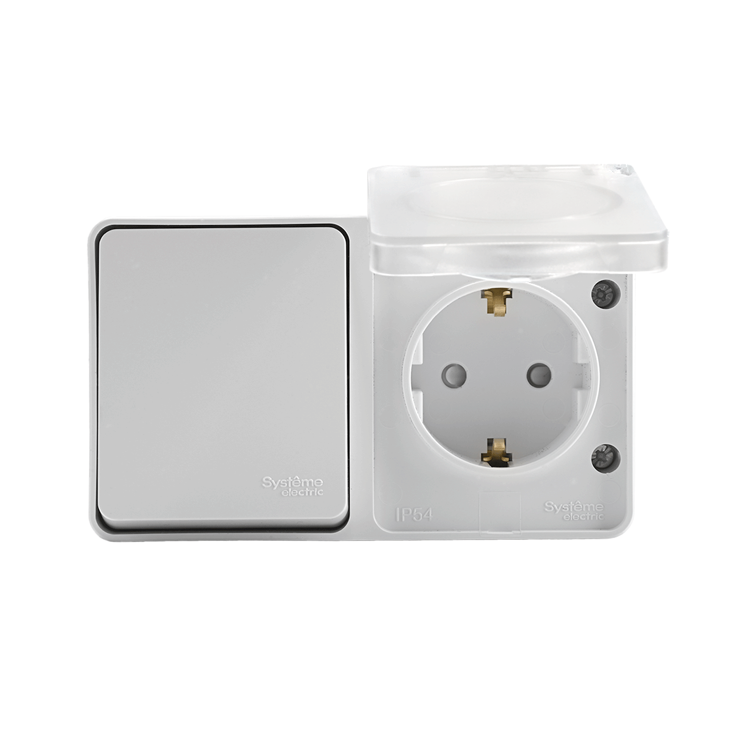 ATLASDESIGN PROFI IP54 О/У БЛОК: РОЗЕТКА с заземл. со шт., 16А, ВЫКЛЮЧАТЕЛЬ 1-клав., 10АХ, БЕЛЫЙ