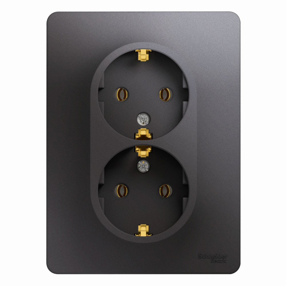 GLOSSA РОЗЕТКА двойная с заземлением без шторок, 16А, в сборе, ГРАФИТ