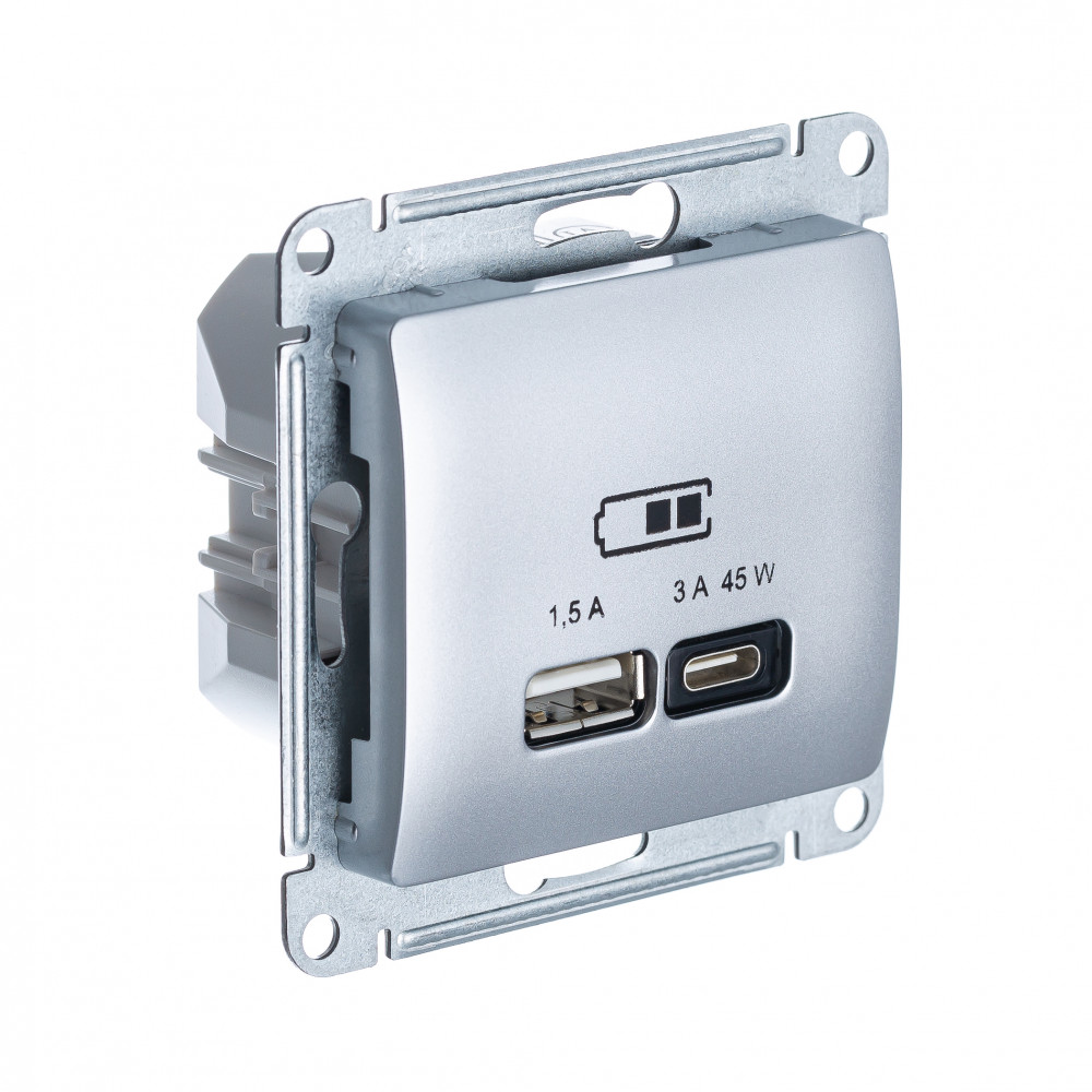 GLOSSA USB РОЗЕТКА A + тип-C 45Вт высокоскор.заряд. QC, PD, механизм, АЛЮМИНИЙ