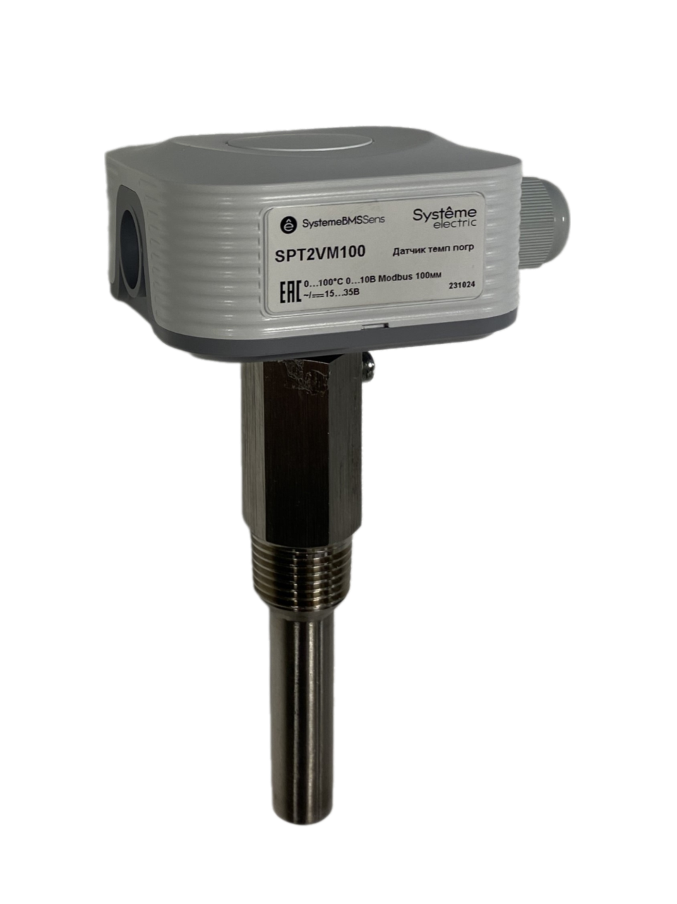 Датчик температуры погружной, 0…+100°С 0…10В RS485/Modbus 100мм ~24В±20%/=15…35В с гильзой 50мм