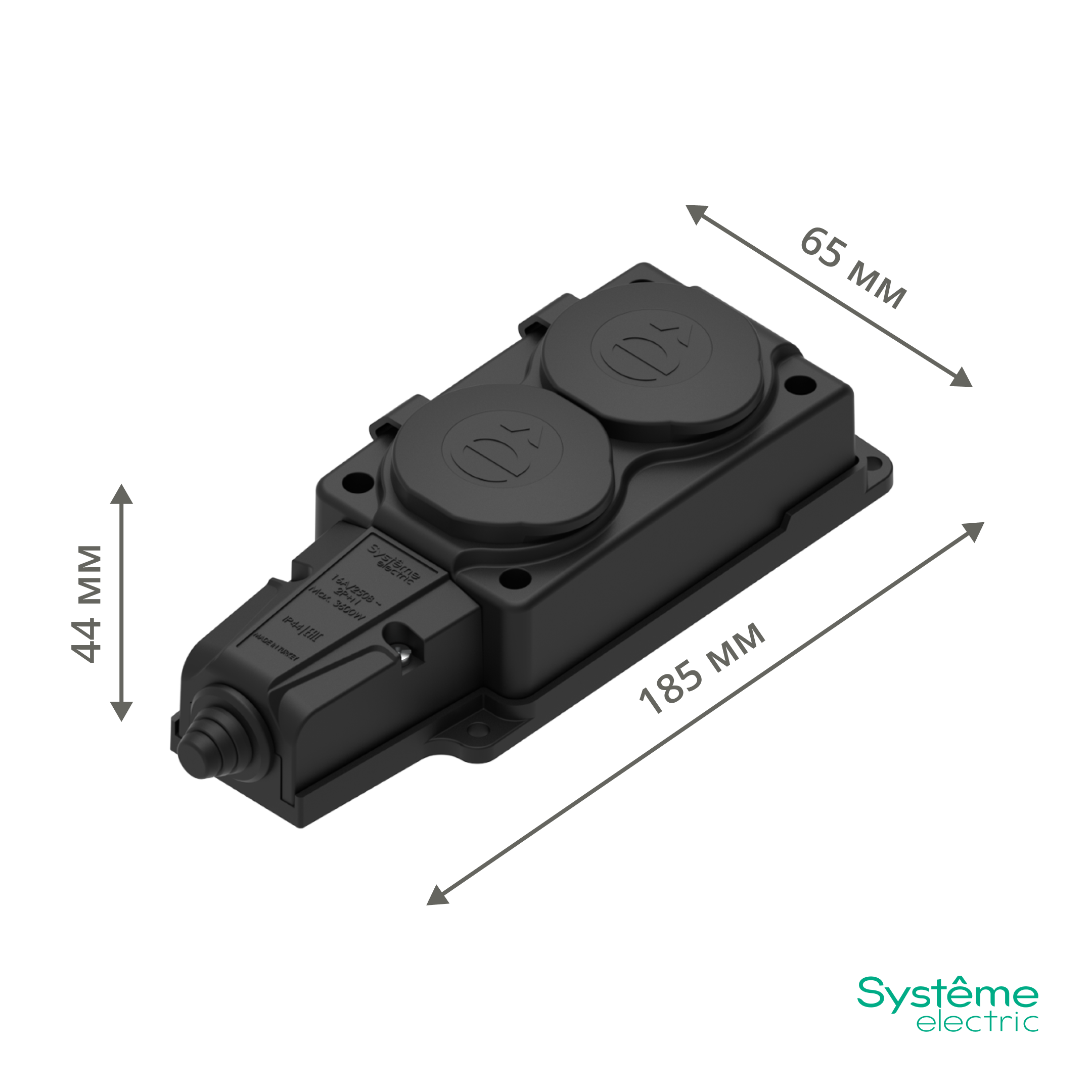 MULTISET Колодка 2х розетка 2К+З каучуковая 16 А/250 В IP44 ЧЁРНАЯ