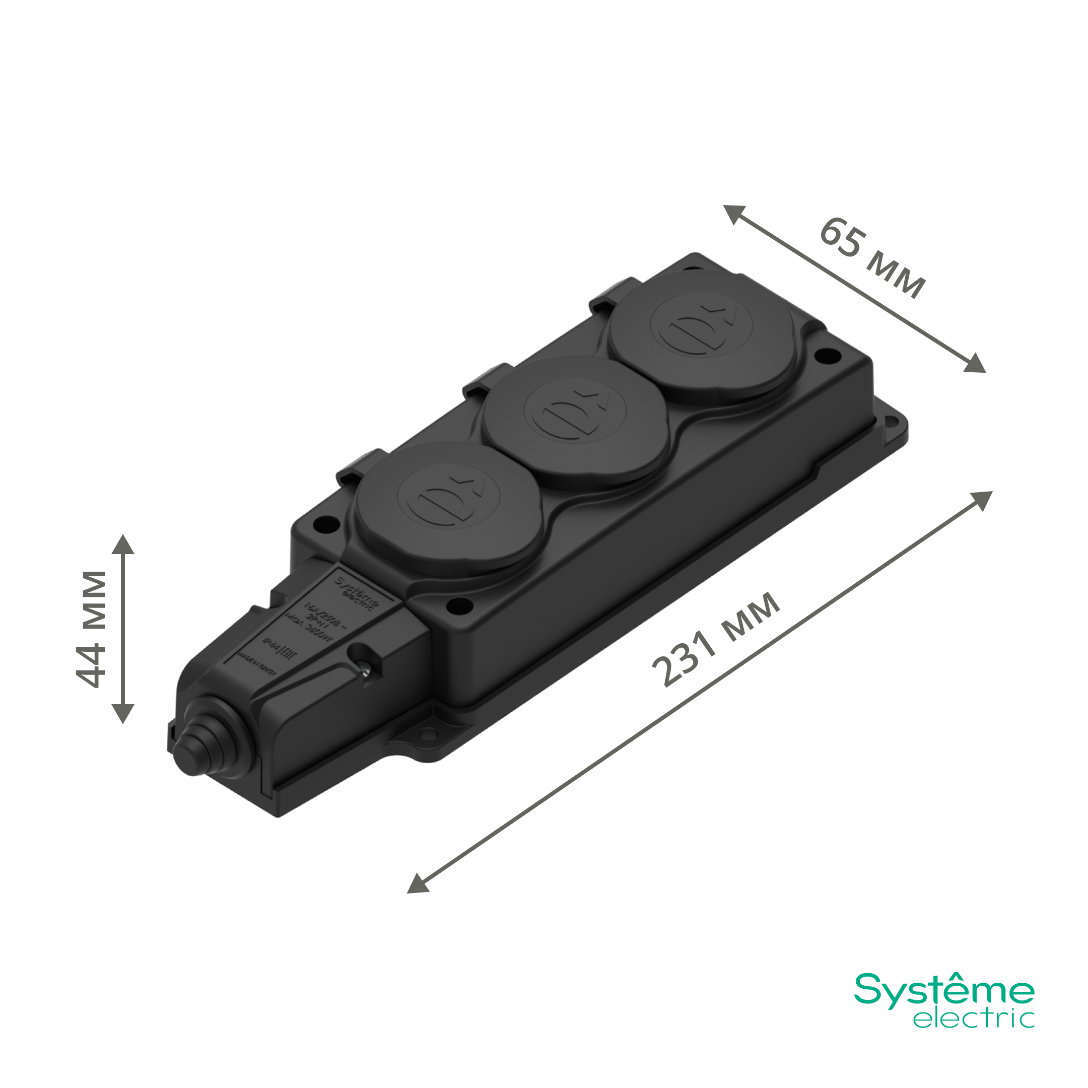 MULTISET Колодка 3х розетка 2К+З каучуковая 16 А/250 В IP44 ЧЁРНАЯ