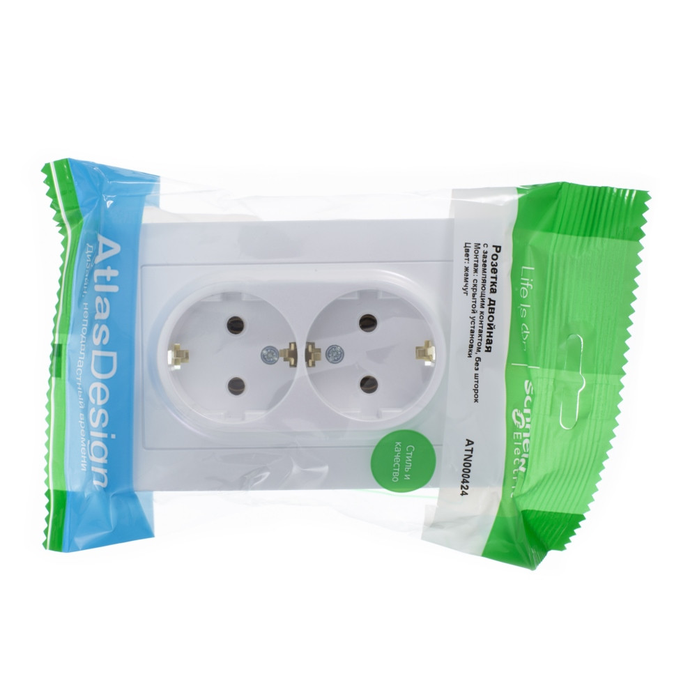 ATLASDESIGN РОЗЕТКА двойная с заземлением без шторок, 16А, в сборе, ЖЕМЧУГ