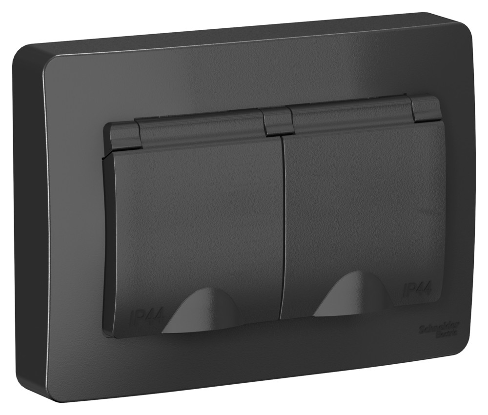 BLANCA С/У IP44 РОЗЕТКА двойная с заземлением со шторками, с крышками, 16А, 250В, АНТРАЦИТ