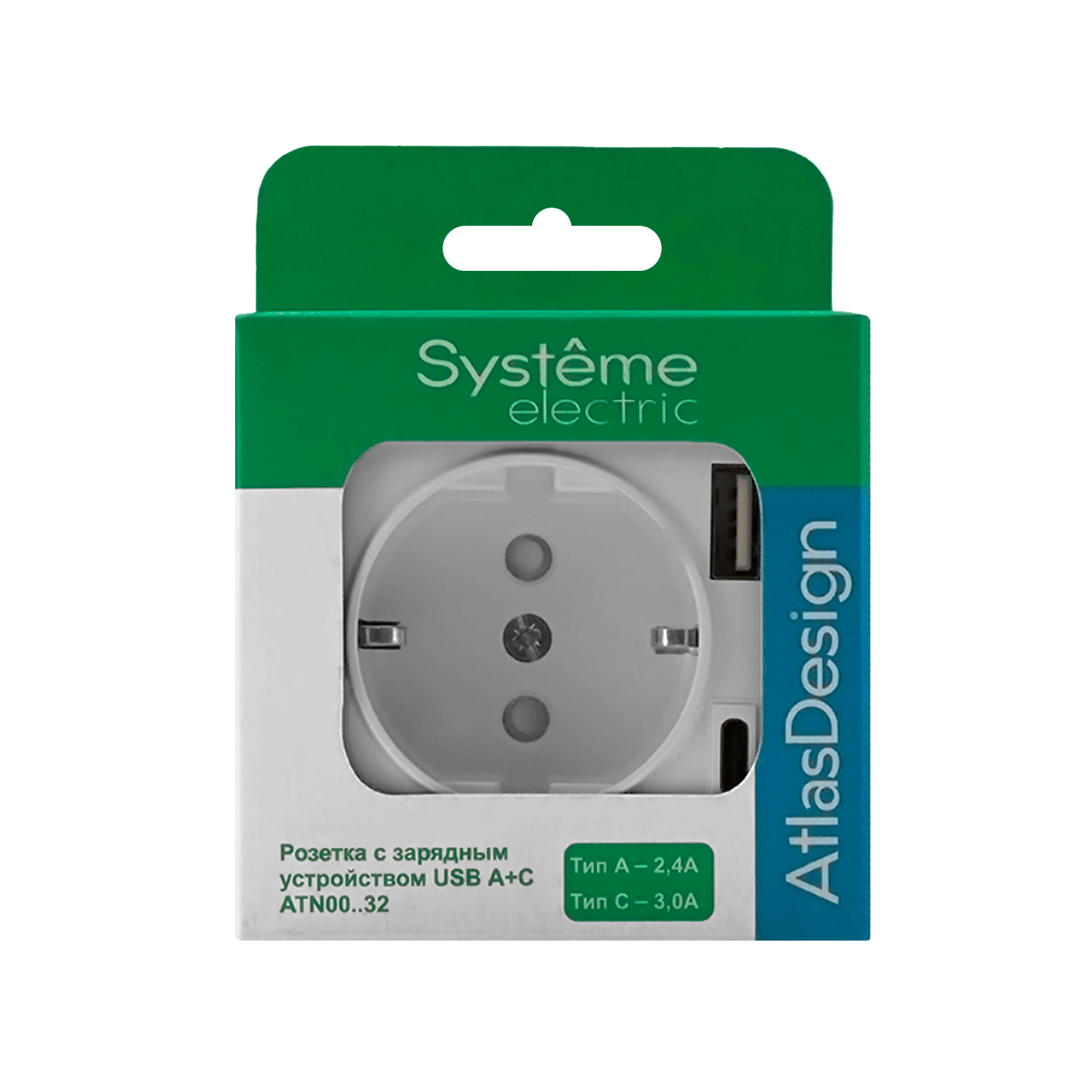 ATLASDESIGN РОЗЕТКА 16А с 2 USB A+C, 5В/2,4А/3,0А, 2х5В/1,5А, механизм, БЕЛЫЙ