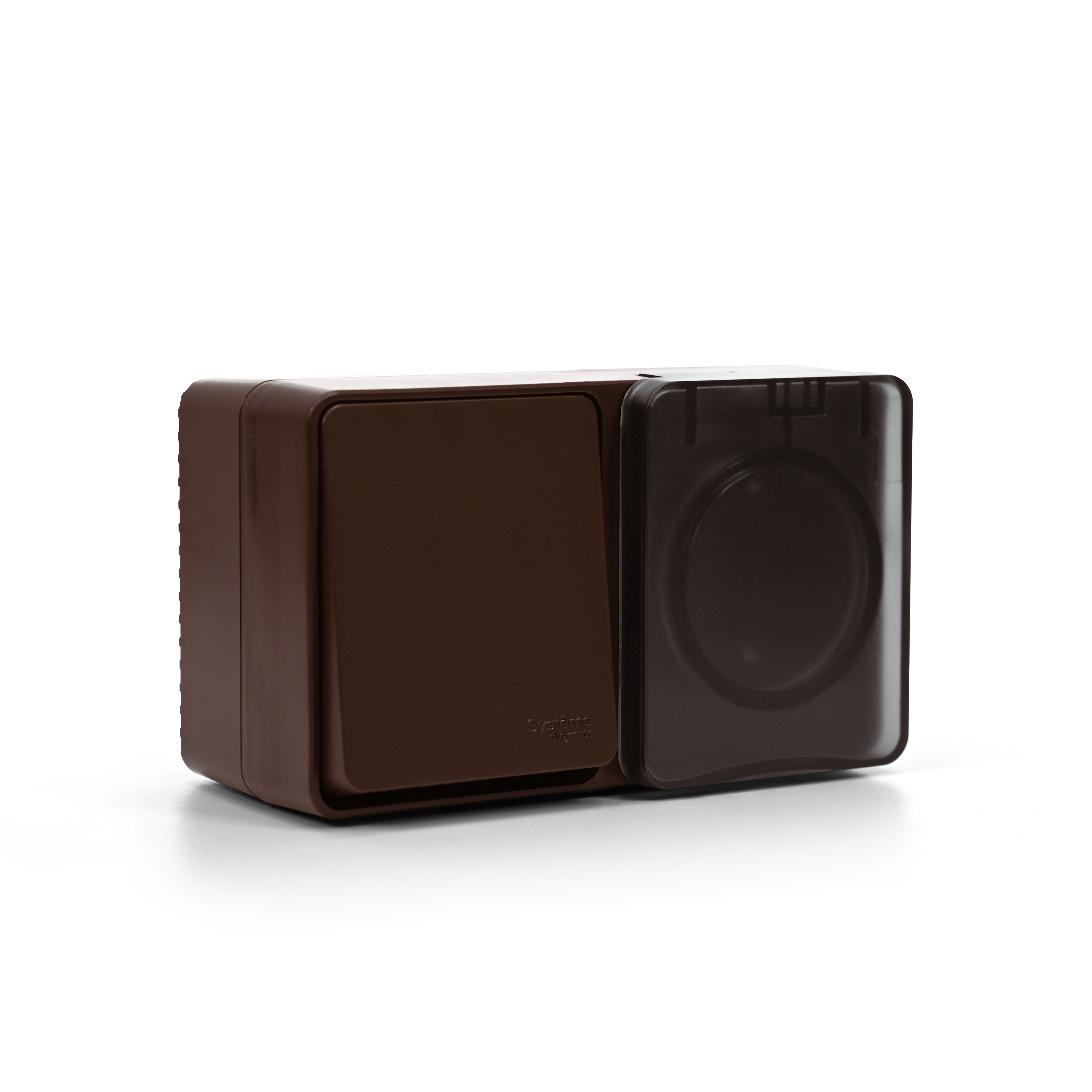 ATLASDESIGN PROFI IP54 О/У БЛОК: РОЗЕТКА с заземл. со шт., 16А, ВЫКЛЮЧАТЕЛЬ 1-клав., 10АХ, КОРИЧНЕВЫЙ