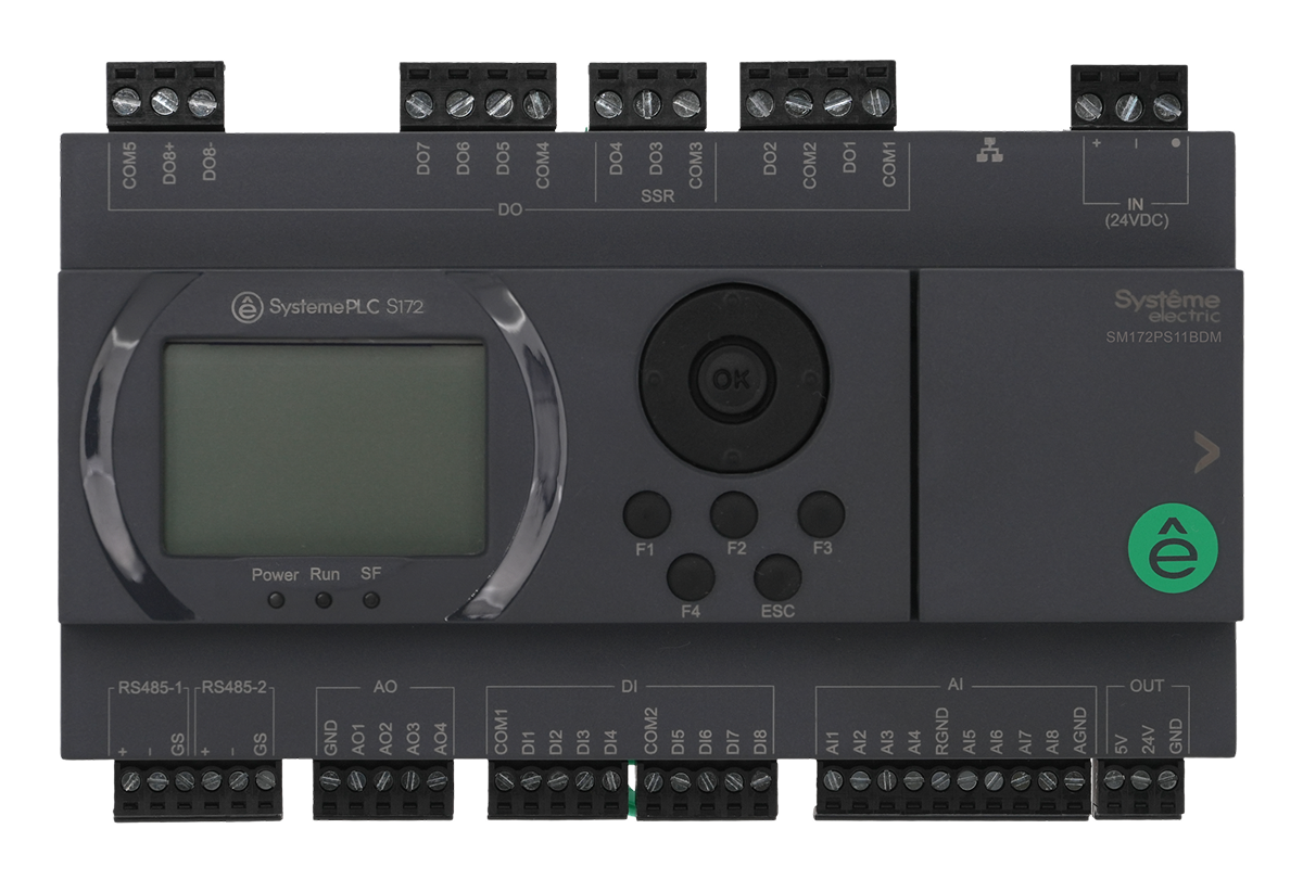 ПЛК S172; 24 VDC; дисплей; 28 IO: 8 DI, 8 DO (6 реле, 2 SSR), 8 AI, 4 AO, 2xRS485, 1xRJ45