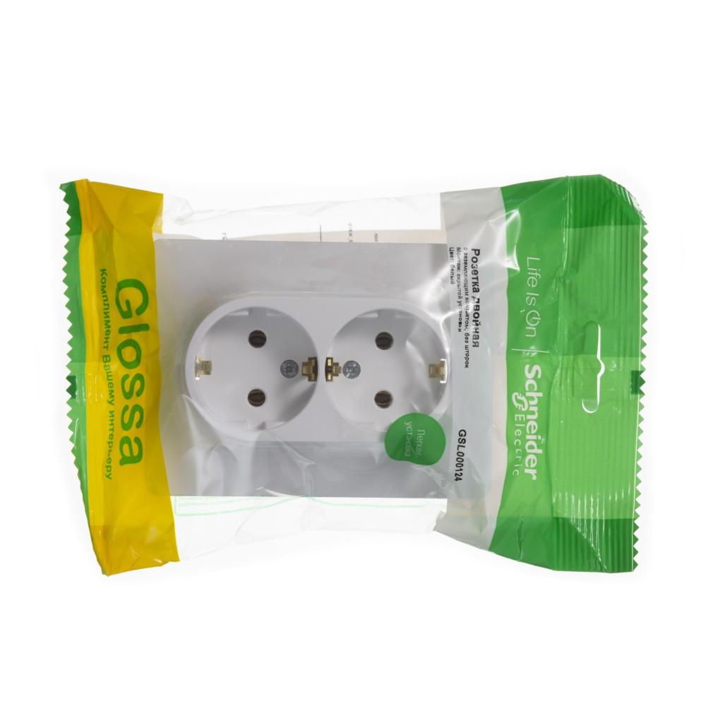 GLOSSA РОЗЕТКА двойная с заземлением без шторок, 16А, в сборе, БЕЛЫЙ