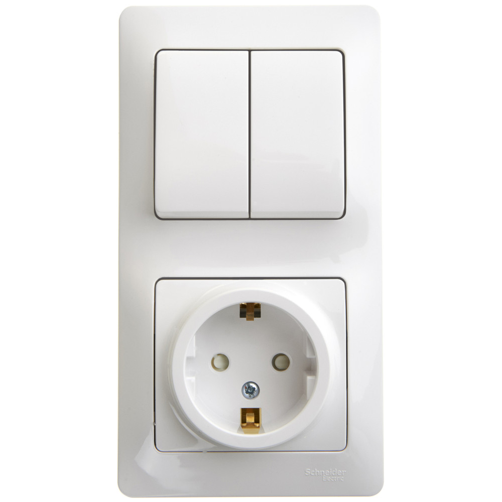 GLOSSA БЛОК: РОЗЕТКА с заземлением со шторками + 2-клавишный ВЫКЛЮЧАТЕЛЬ, БЕЛЫЙ