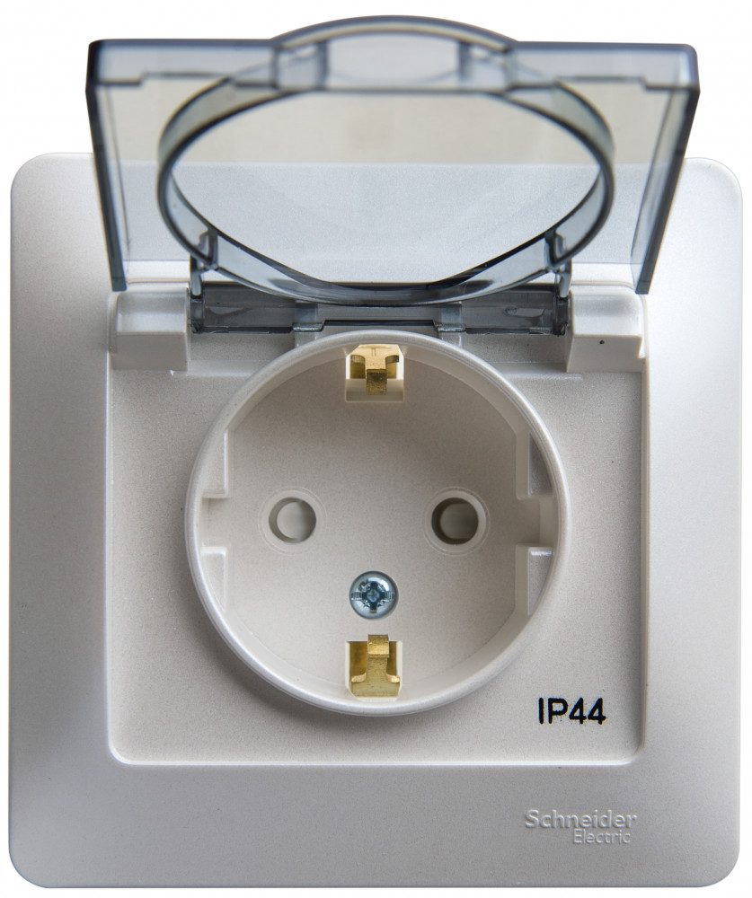 GLOSSA РОЗЕТКА с заземлением со шторками с прозрачной крышкой, 16А, IP44, в сборе, ПЕРЛАМУТР