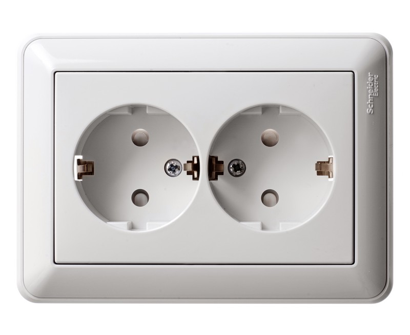 W59 РОЗЕТКА двойная с заземлением со шторками, 16А, в сборе, БЕЛЫЙ