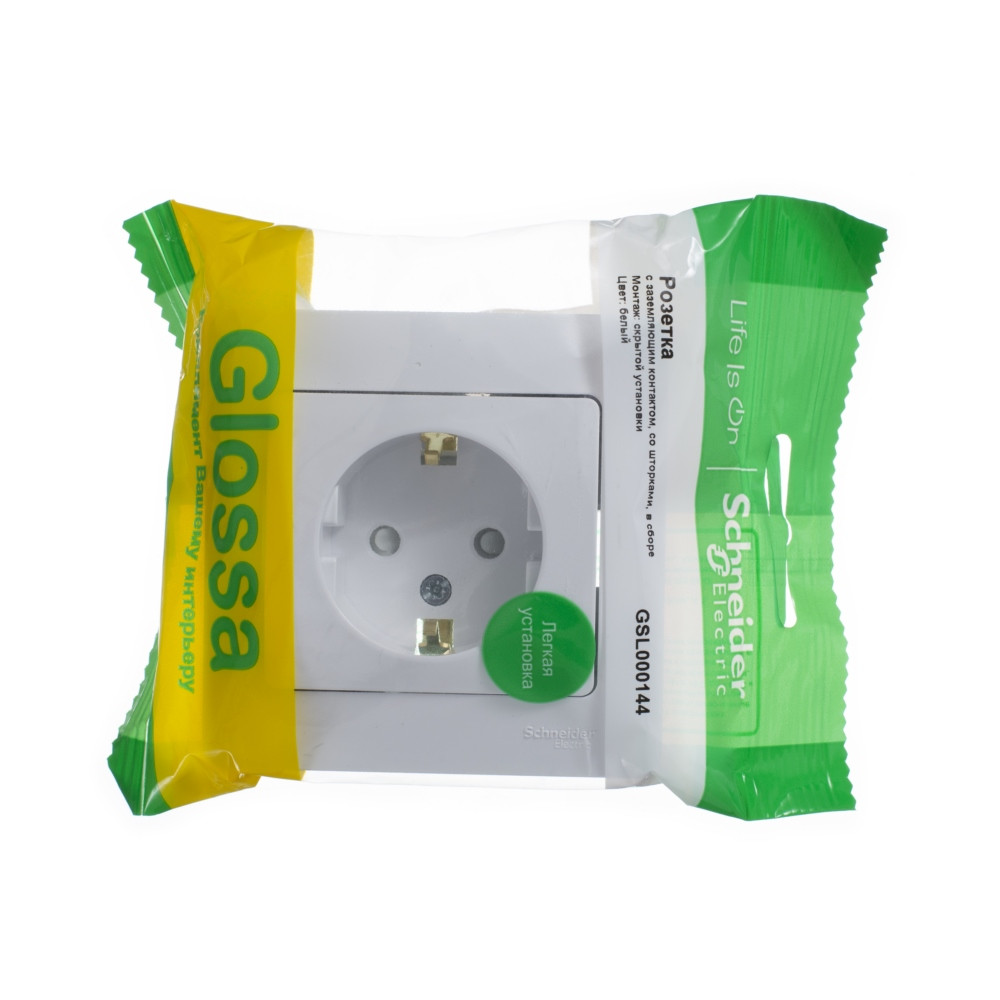 GLOSSA РОЗЕТКА с заземлением со шторками, 16А, в сборе, БЕЛЫЙ