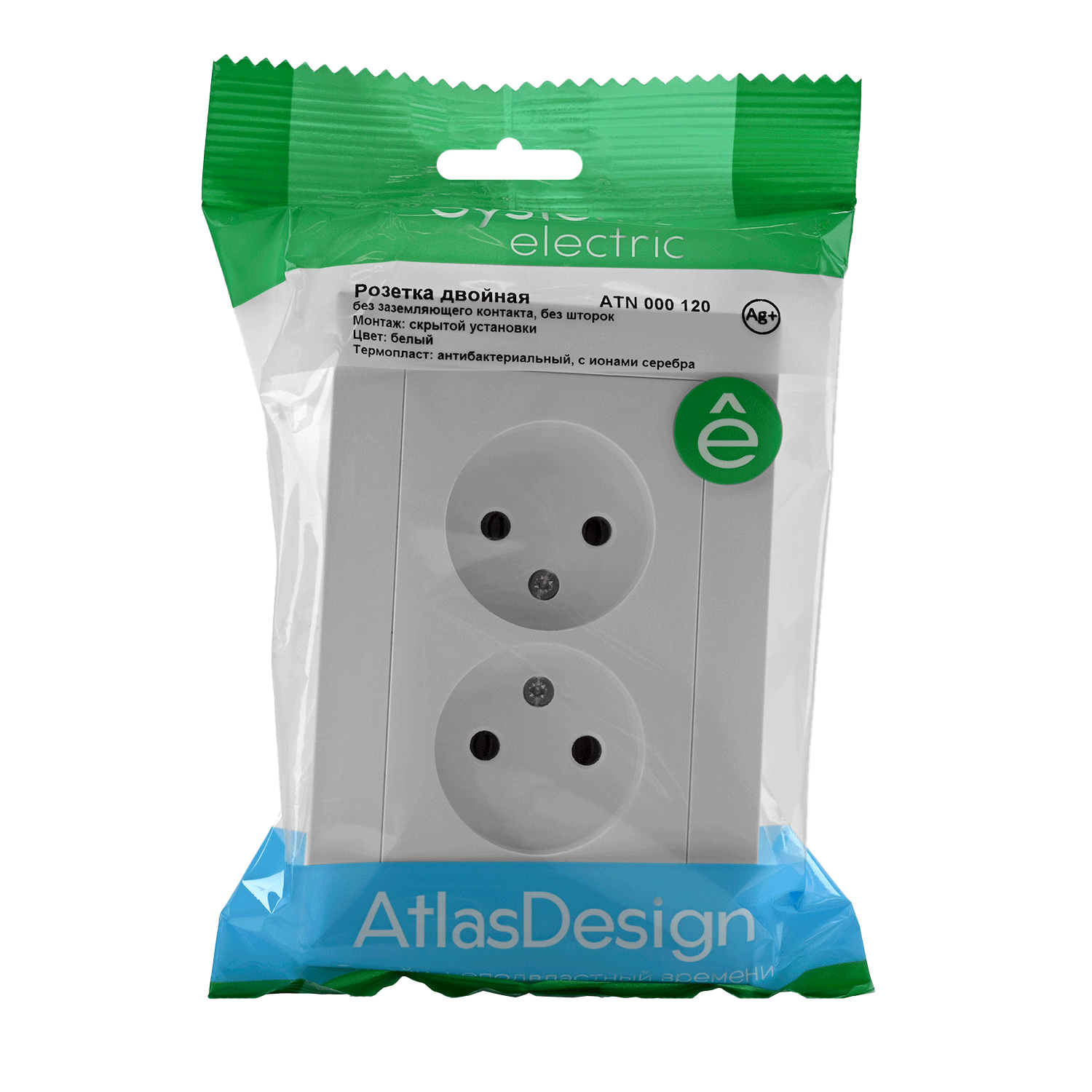 ATLASDESIGN РОЗЕТКА двойная без заземления, 16А, в сборе, БЕЛЫЙ