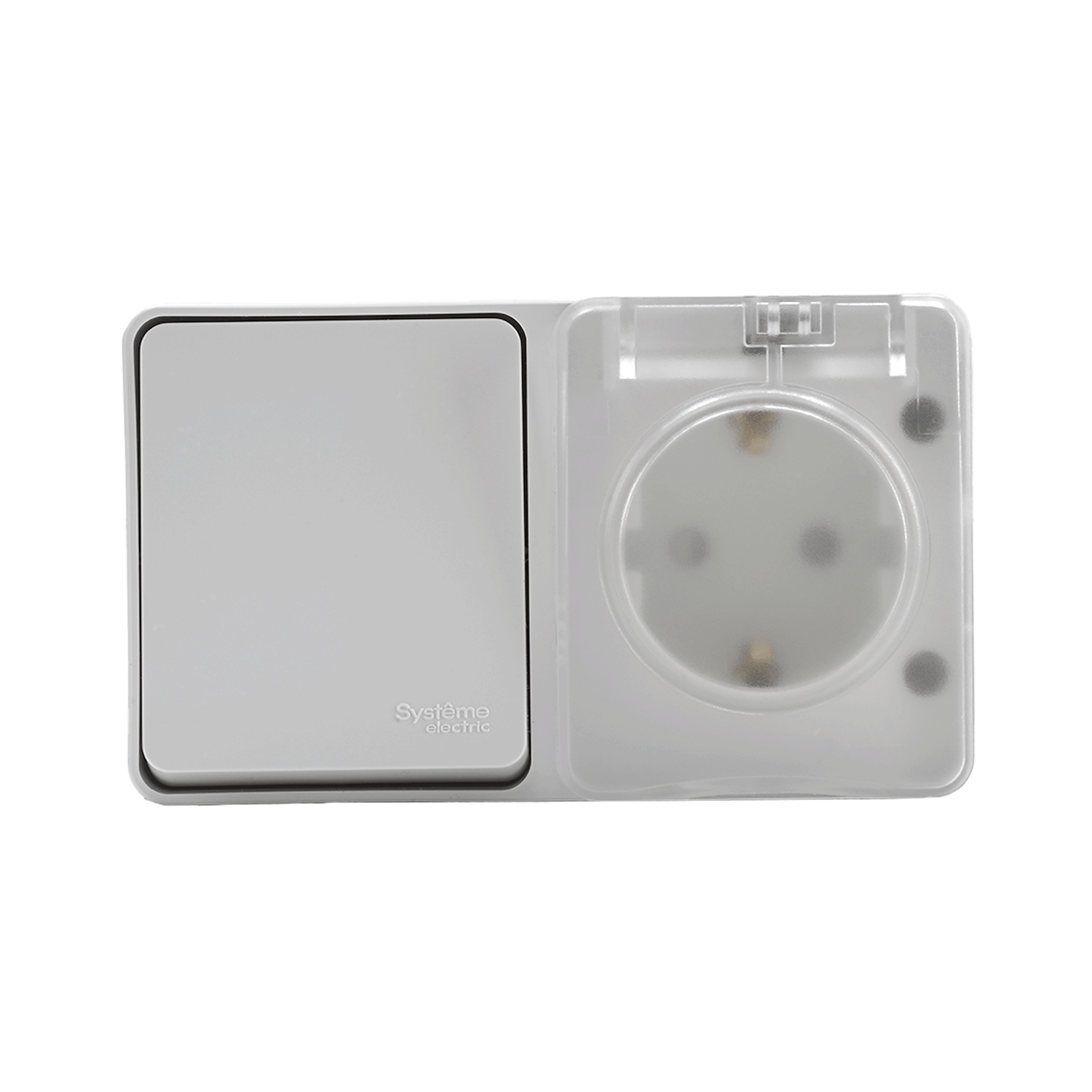 ATLASDESIGN PROFI IP54 О/У БЛОК: РОЗЕТКА с заземл. со шт., 16А, ВЫКЛЮЧАТЕЛЬ 1-клав., 10АХ, БЕЛЫЙ