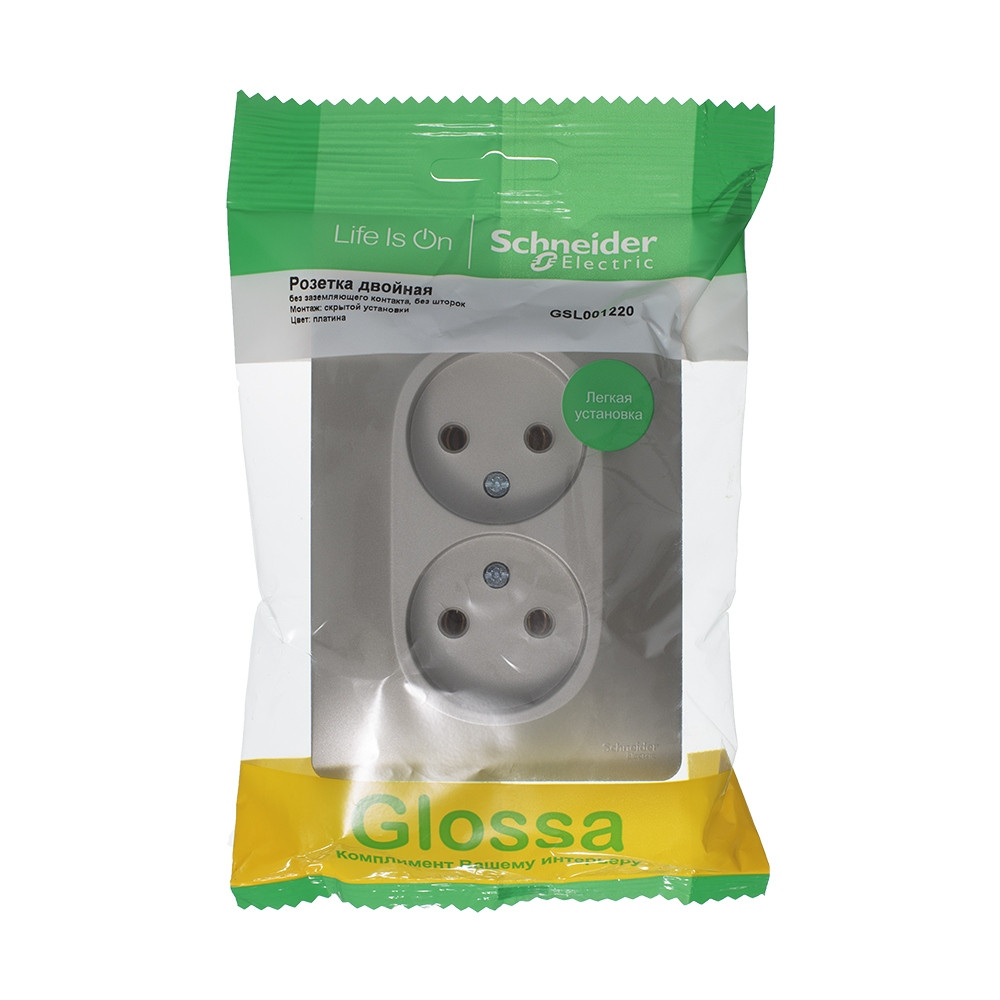 GLOSSA РОЗЕТКА двойная без заземления, 16А, в сборе, ПЛАТИНА