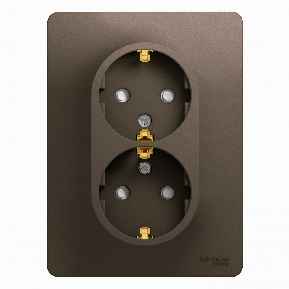 GLOSSA РОЗЕТКА двойная с заземлением со шторками., в сборе, ШОКОЛАД