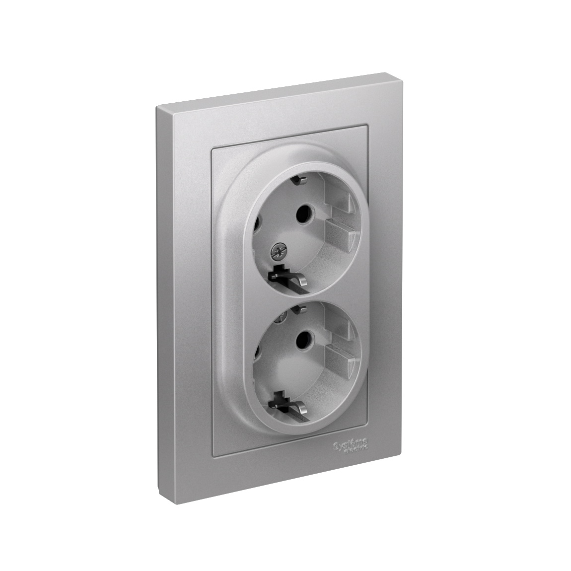 ATLASDESIGN РОЗЕТКА двойная с заземлением со шторками, 16А, в сборе, АЛЮМИНИЙ