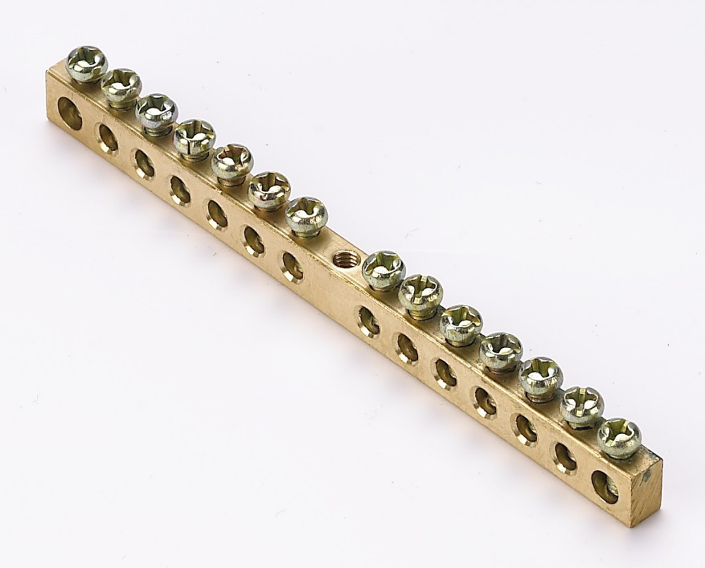 Шина PEN земля-ноль ШН-101 14 отверстий крепеж по центру сечение 6x9 мм длина 100А 109 мм