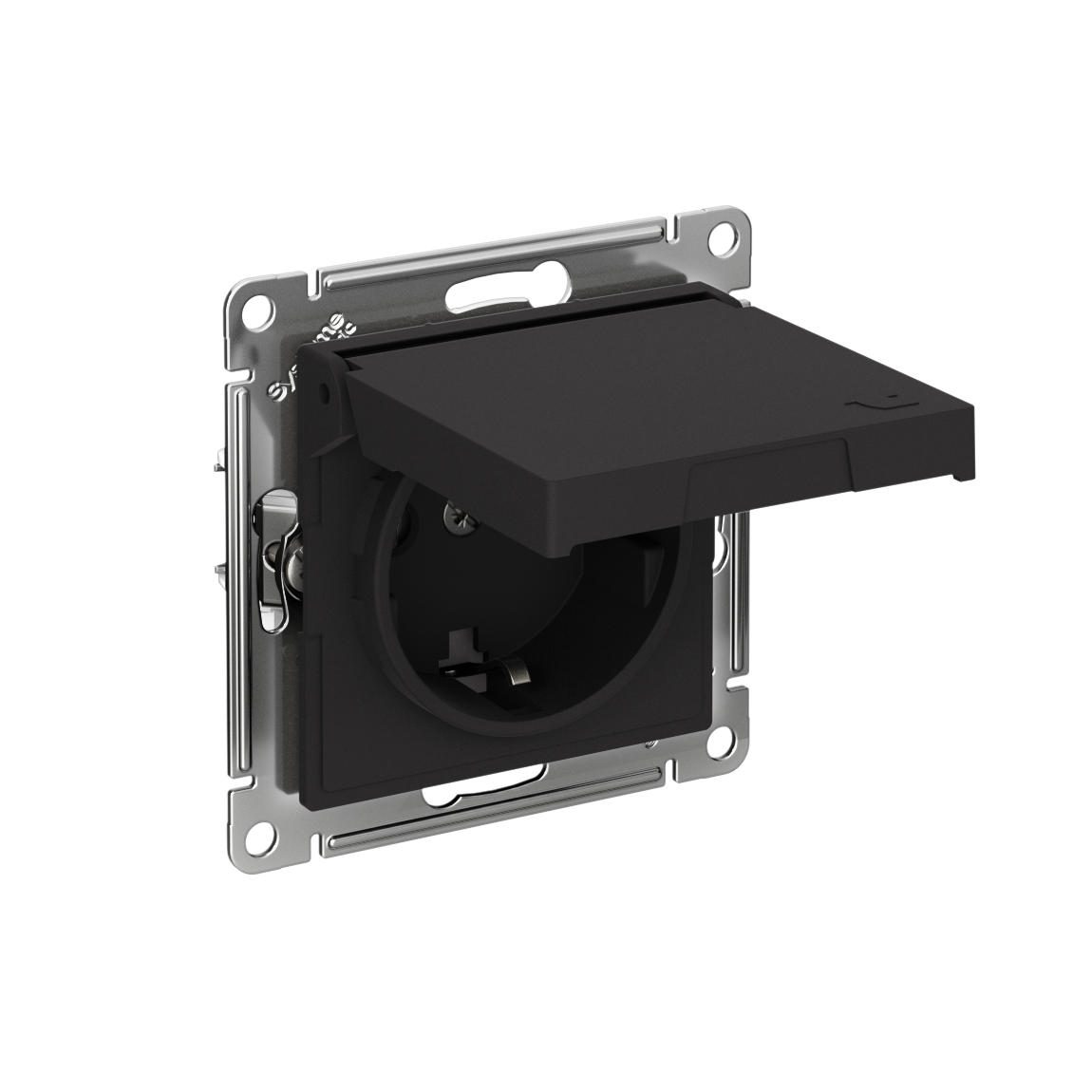 ATLASDESIGN РОЗЕТКА с заземлением со шторками с крышкой,16А,IP20, мех.,быстрозажим. клем., КАРБОН
