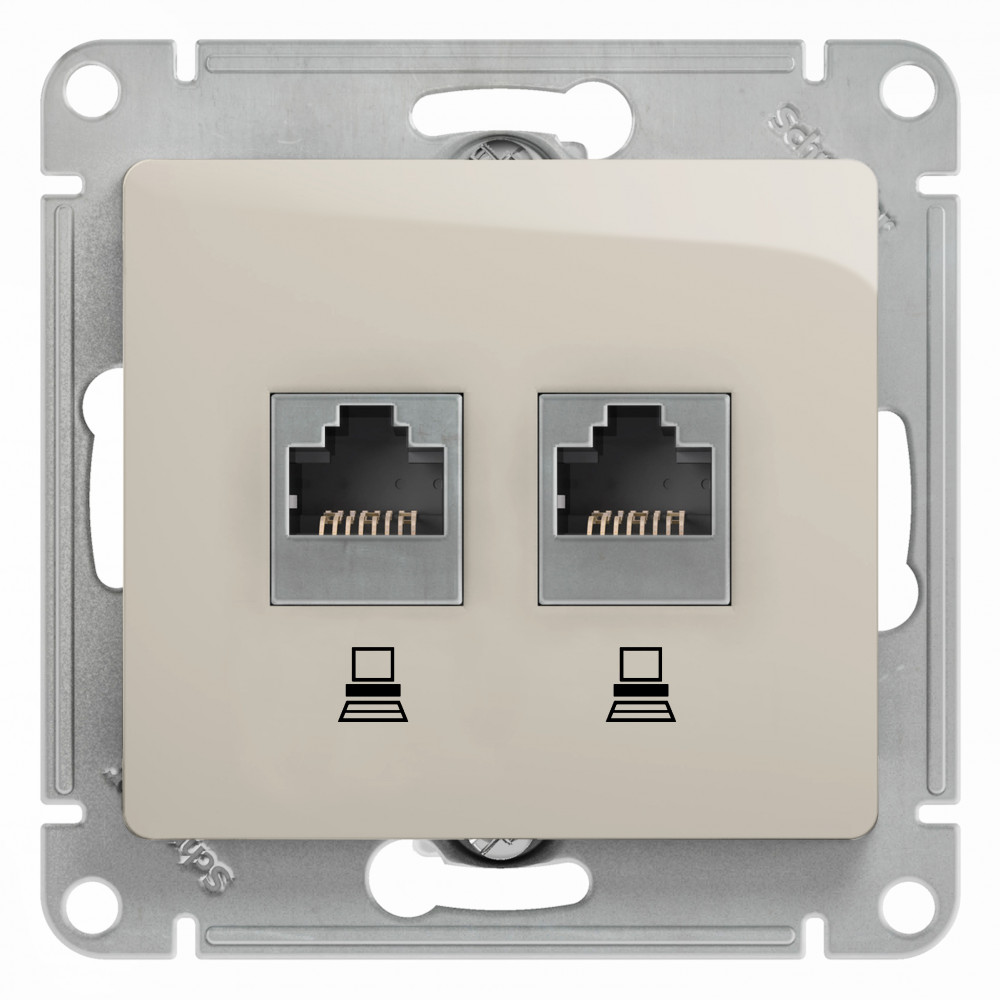GLOSSA РОЗЕТКА двойная компьютерная RJ45+RJ45 кат. 5e, механизм, МОЛОЧНЫЙ