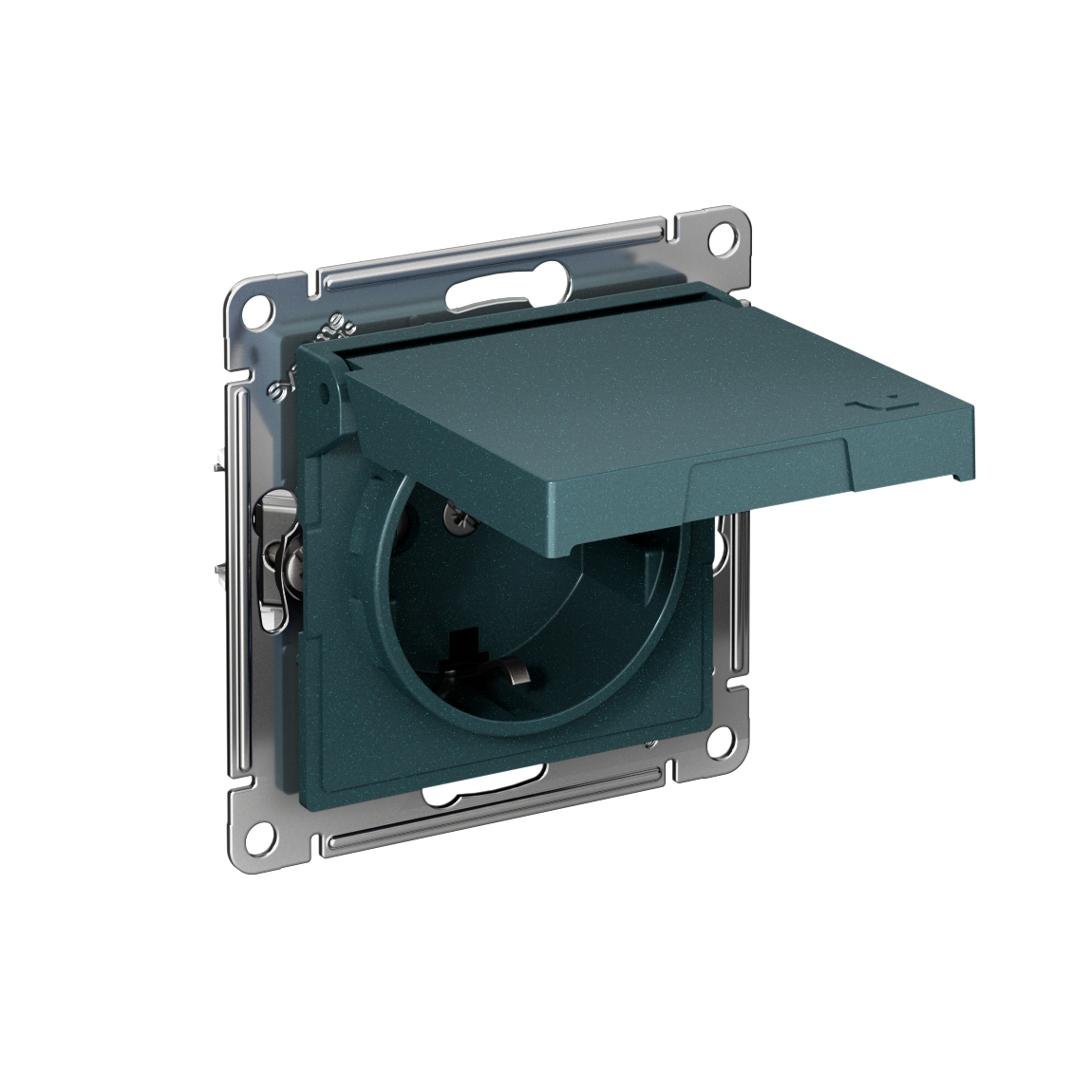 ATLASDESIGN РОЗЕТКА с заземлением со шторками с крышкой,16А,IP20, мех.,быстрозажим. клем., ИЗУМРУД