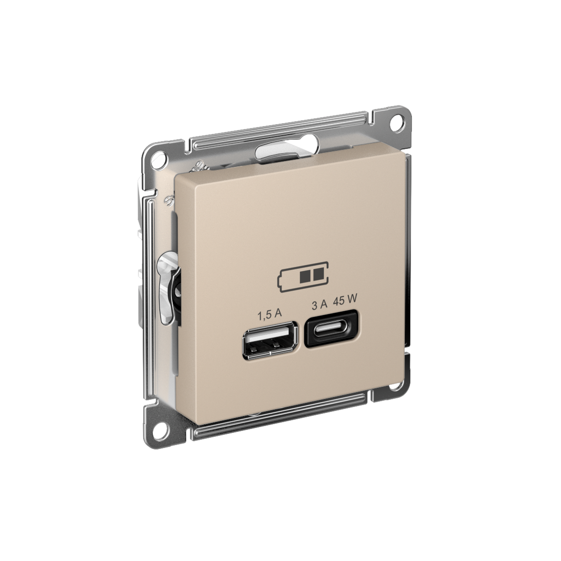 ATLASDESIGN USB РОЗЕТКА A + тип-C 45Вт высокоскор.заряд. QC, PD, мех., ПЕСОЧНЫЙ