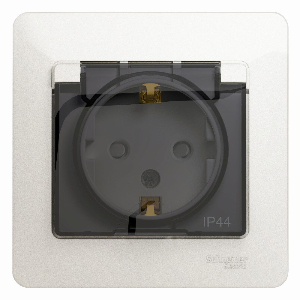 GLOSSA РОЗЕТКА с заземлением со шторками с прозрачной крышкой, 16А, IP44, в сборе, ПЕРЛАМУТР