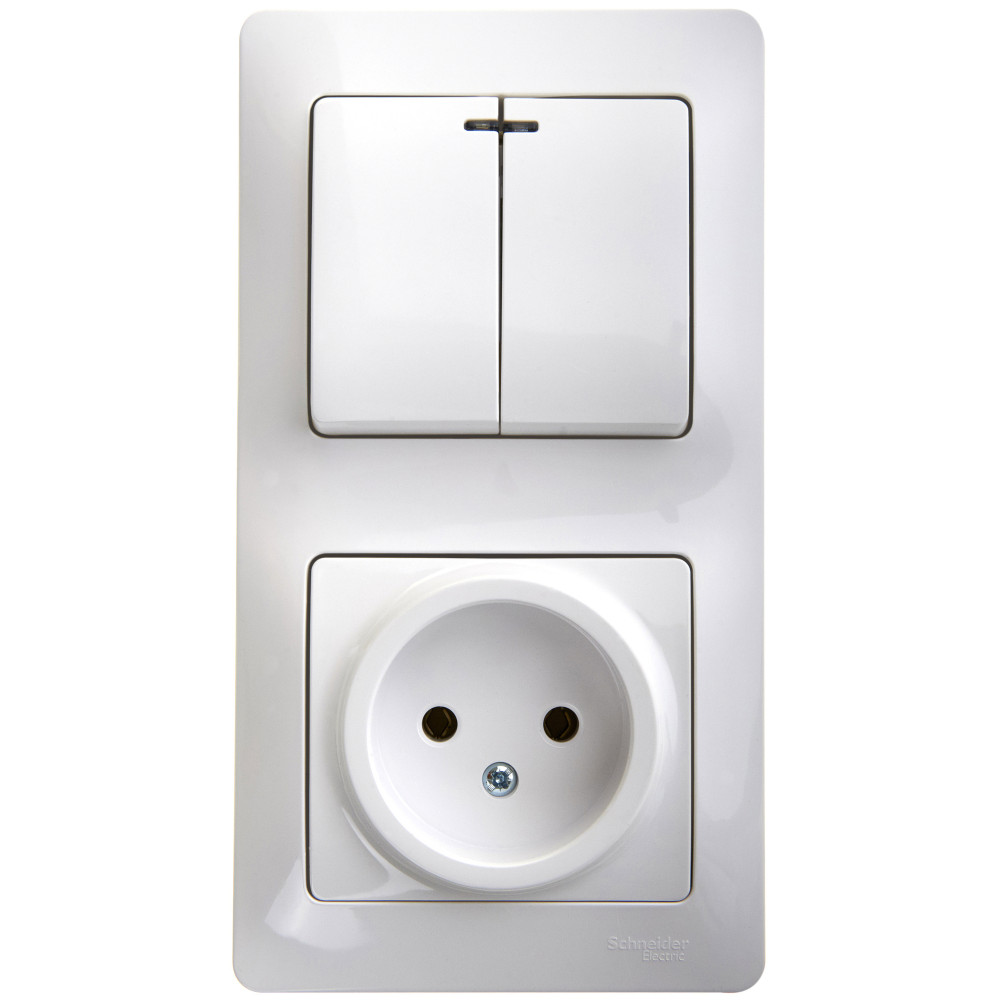 GLOSSA БЛОК: РОЗЕТКА без заземления + 2-клавишный ВЫКЛЮЧАТЕЛЬ с подсветкой, БЕЛЫЙ