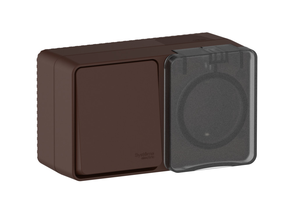ATLASDESIGN PROFI IP54 О/У БЛОК: РОЗЕТКА с заземл. со шт., 16А, ВЫКЛЮЧАТЕЛЬ 1-клав., 10АХ, КОРИЧНЕВЫЙ