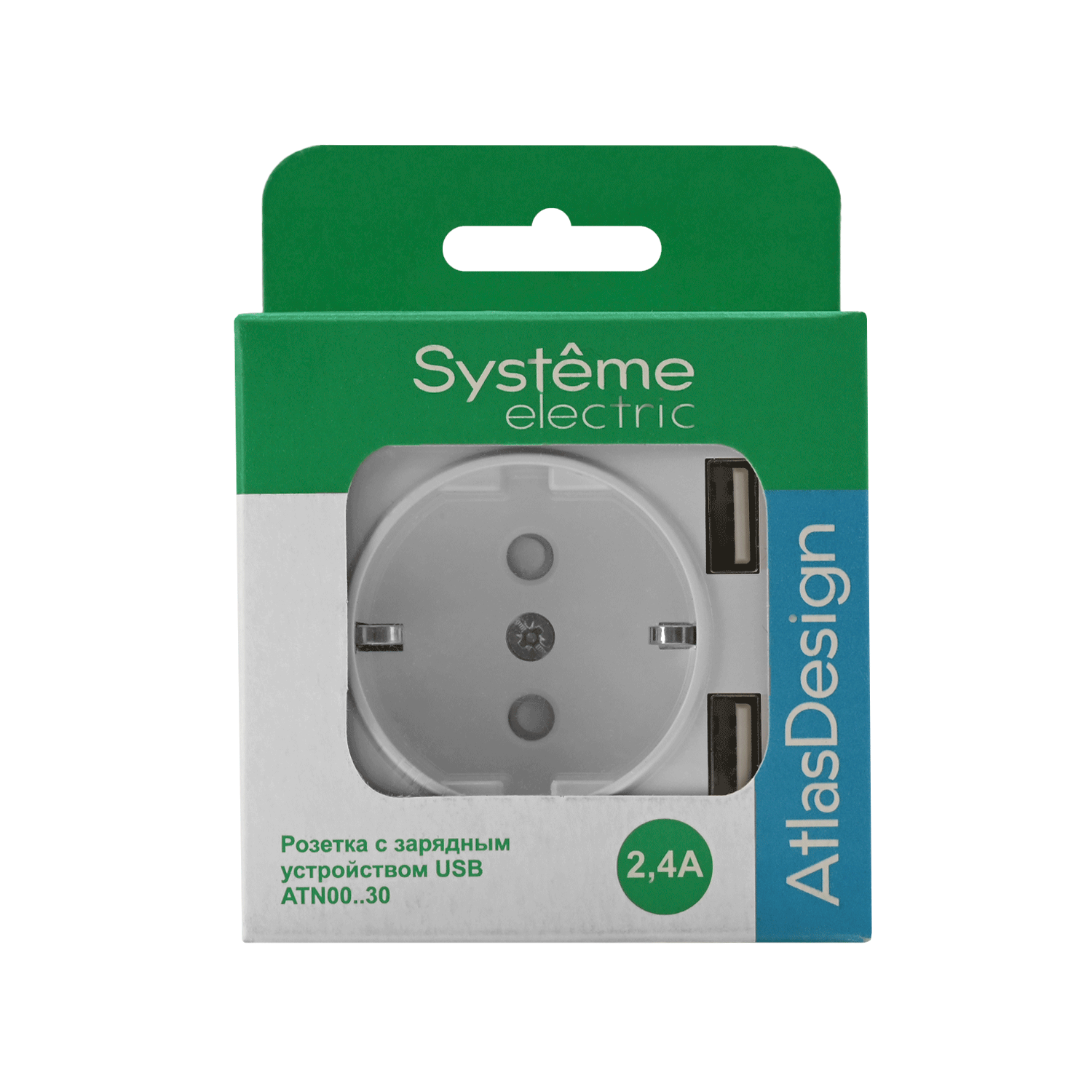 ATLASDESIGN РОЗЕТКА 16А c 2 USB A+A, 5В/2,4А, 2х5В/1,2А, механизм, БЕЛЫЙ