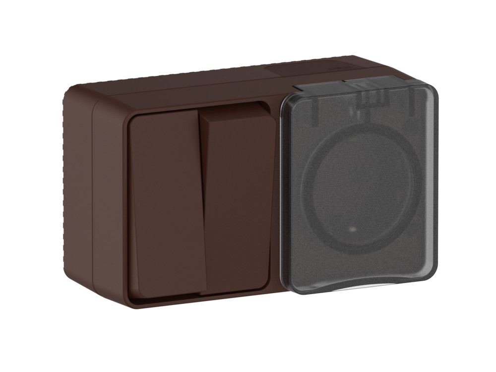 ATLASDESIGN PROFI IP54 О/У БЛОК: РОЗЕТКА с заземл. со шт., 16А, ВЫКЛЮЧАТЕЛЬ 2-клав., 10АХ, КОРИЧНЕВЫ