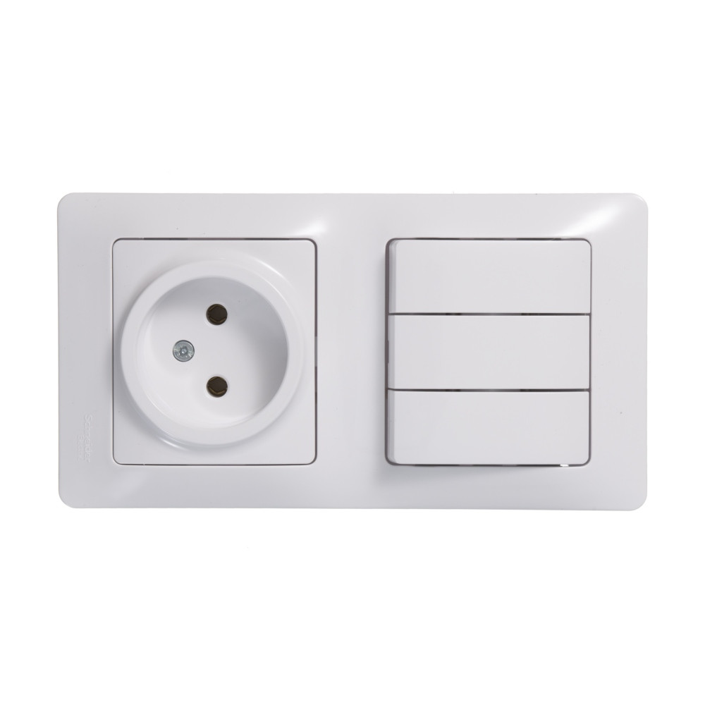 GLOSSA БЛОК: РОЗЕТКА без заземления + 3-клавишный ВЫКЛЮЧАТЕЛЬ, БЕЛЫЙ