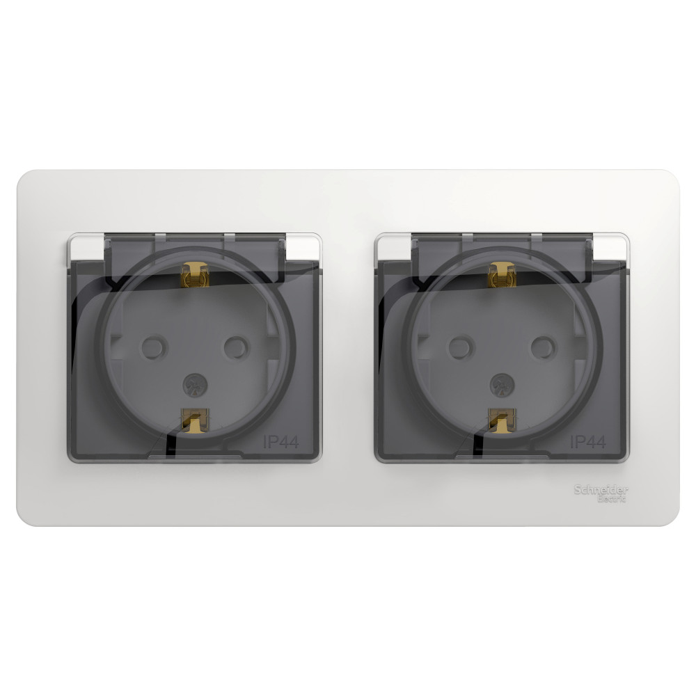 GLOSSA РОЗЕТКА двойная с заземлением со шторками с прозрачной крышкой,16А, IP44, в сборе, БЕЛЫЙ