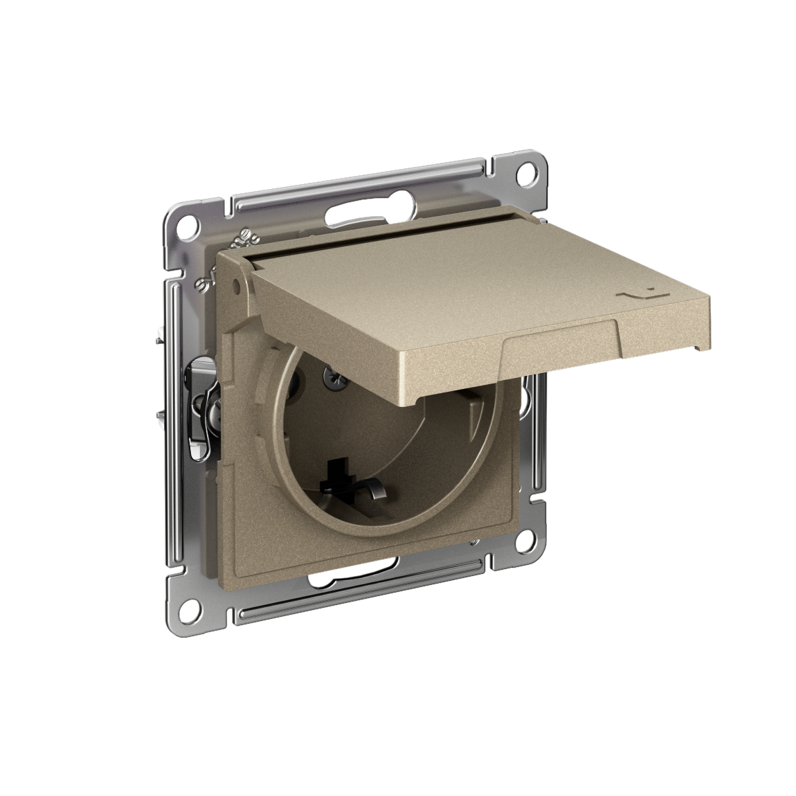 ATLASDESIGN РОЗЕТКА с заземлением со шторками с крышкой,16А,IP20, мех.,быстрозажим. клем., ШАМПАНЬ