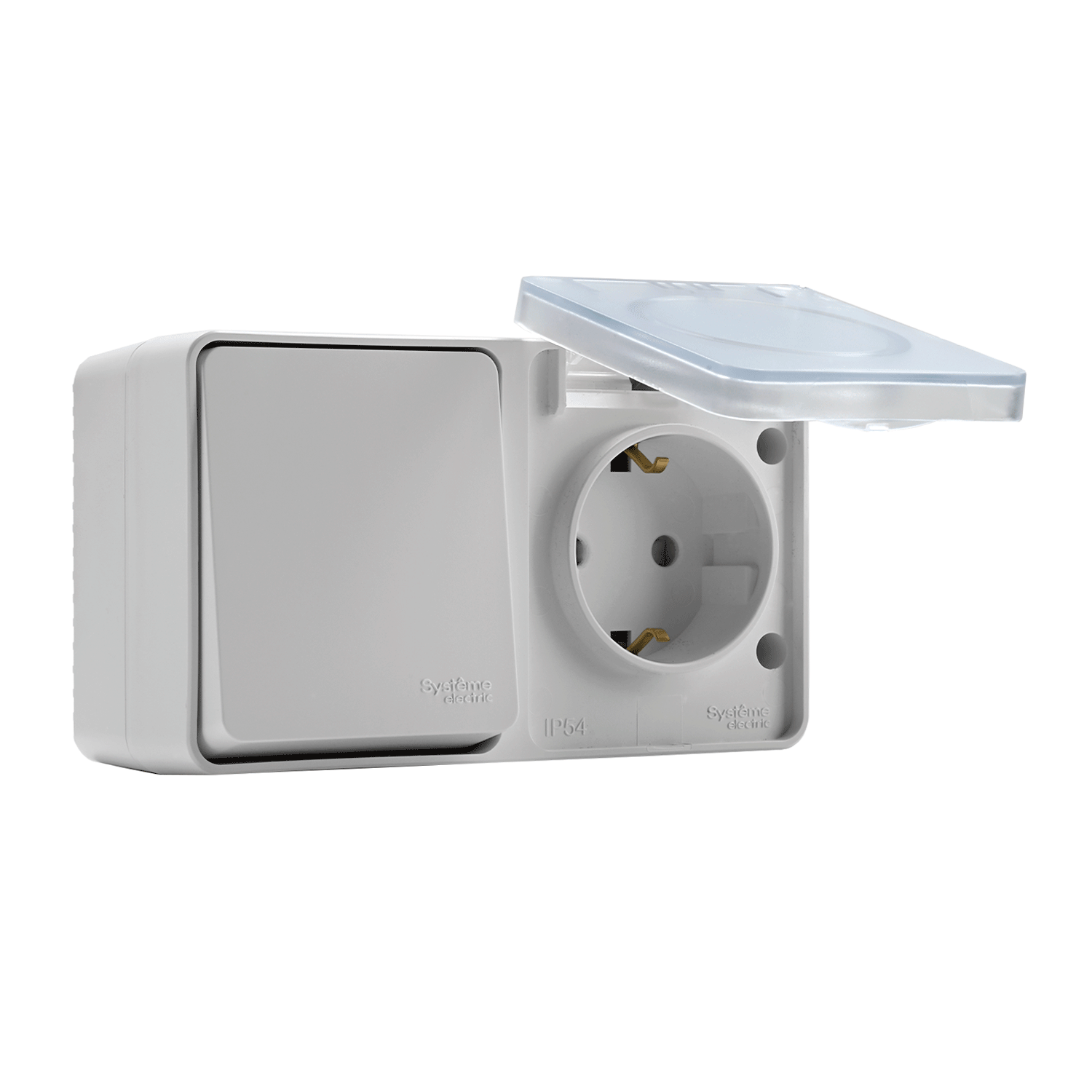 ATLASDESIGN PROFI IP54 О/У БЛОК: РОЗЕТКА с заземл. со шт., 16А, ВЫКЛЮЧАТЕЛЬ 1-клав., 10АХ, БЕЛЫЙ