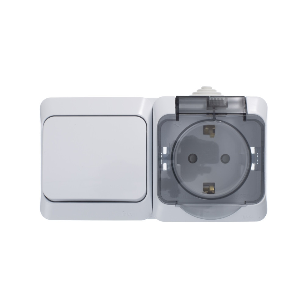 ЭТЮД IР44 О/У БЛОК: РОЗ. з/к со шт. 16А 250В, ВЫКЛ.1-клав.10А, БЕЛЫЙ