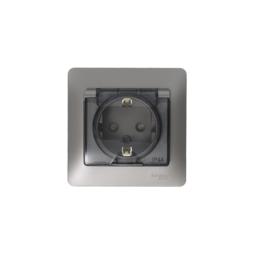 GLOSSA РОЗЕТКА с заземлением со шторками с прозрачной крышкой, 16А, IP44, в сборе, ПЛАТИНА