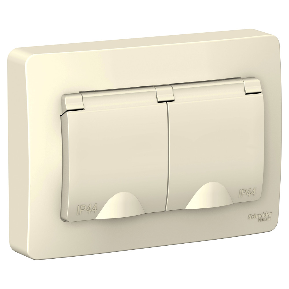 BLANCA С/У IP44 РОЗЕТКА двойная с заземлением со шторками, с крышками, 16А, 250В, МОЛОЧНЫЙ