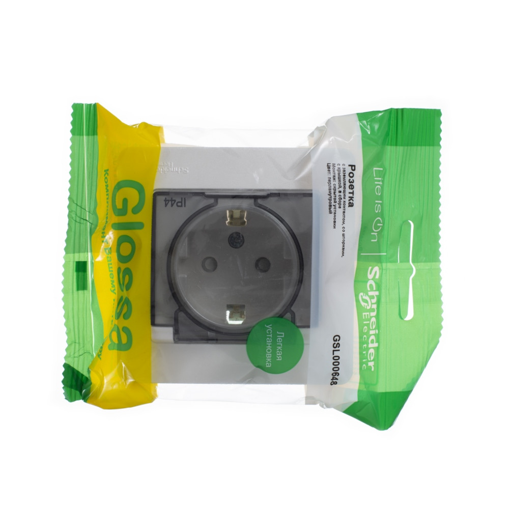 GLOSSA РОЗЕТКА с заземлением со шторками с прозрачной крышкой, 16А, IP44, в сборе, ПЕРЛАМУТР